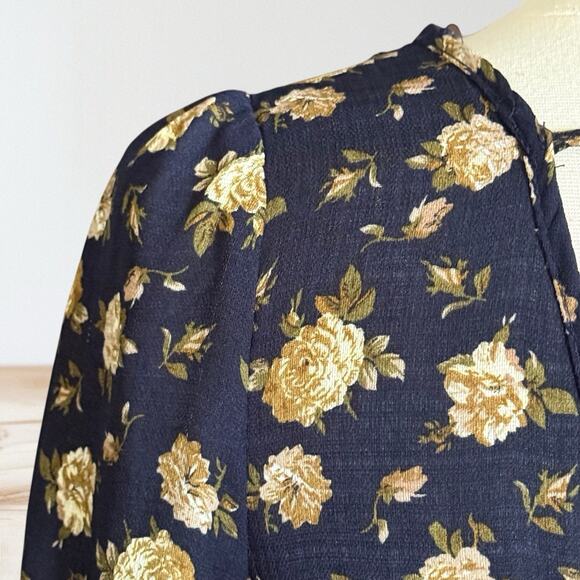 Promesa Maxi Dress Black Floral Sz M Long Balloon Sleeves Back Neck Tie Packable - Picture 2 of 12